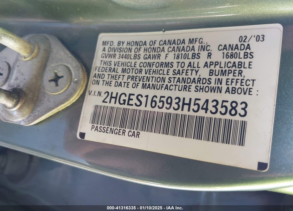2003 HONDA CIVIC LX VIN: 2HGES16593H543583