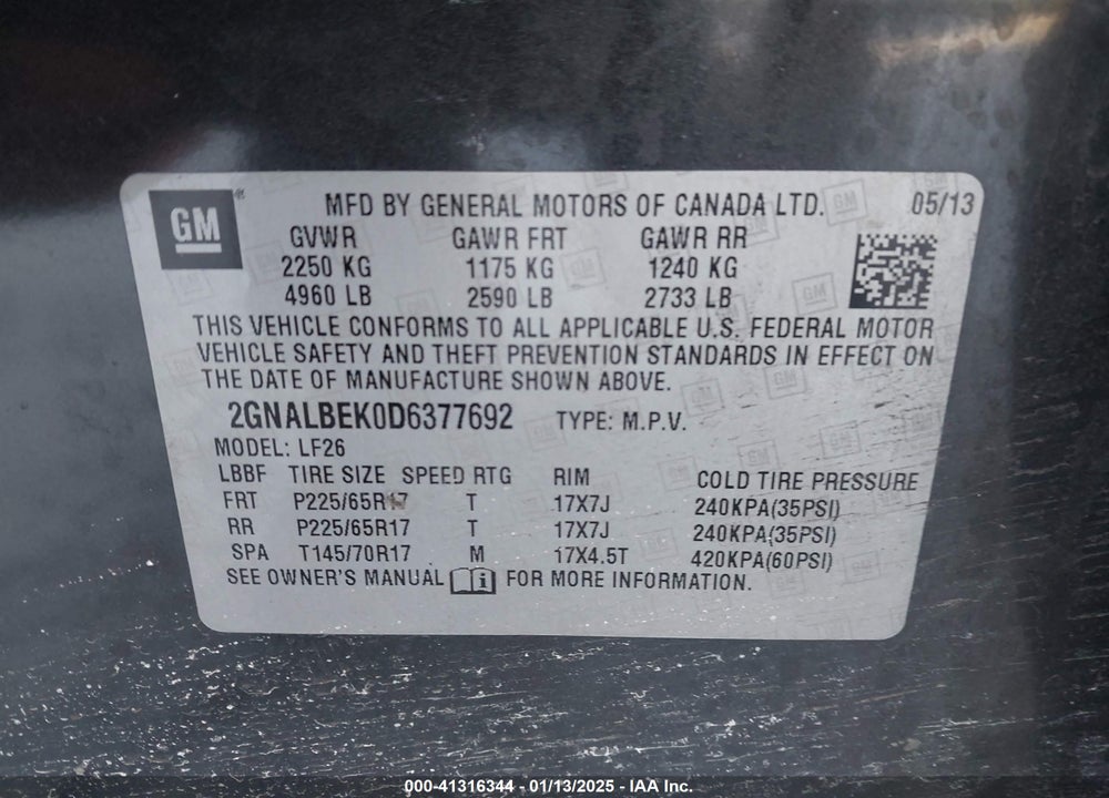 2013 CHEVROLET EQUINOX LS VIN: 2GNALBEK0D6377692