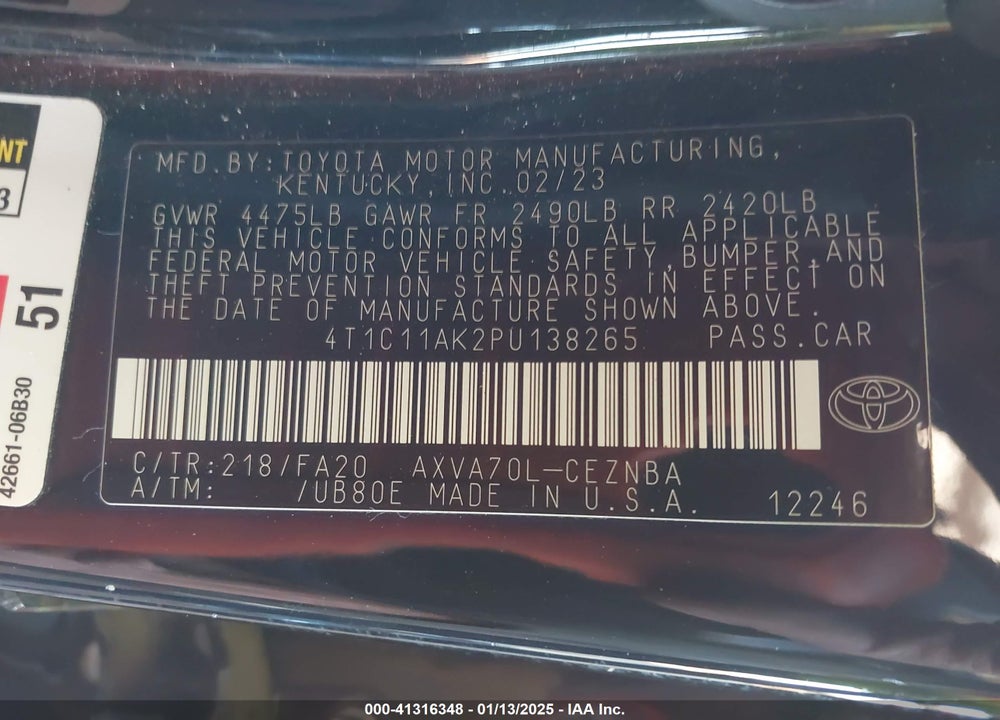 2023 TOYOTA CAMRY VIN: 4T1C11AK2PU138265