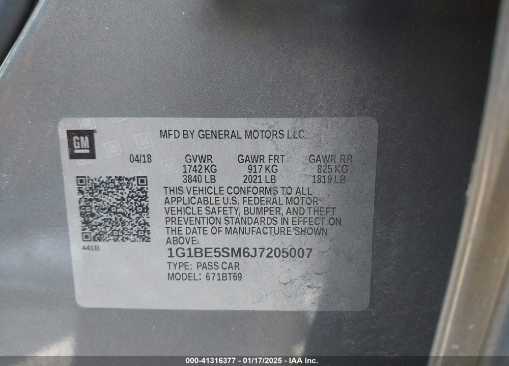 2018 CHEVROLET CRUZE LT AUTO VIN: 1G1BE5SM6J7205007