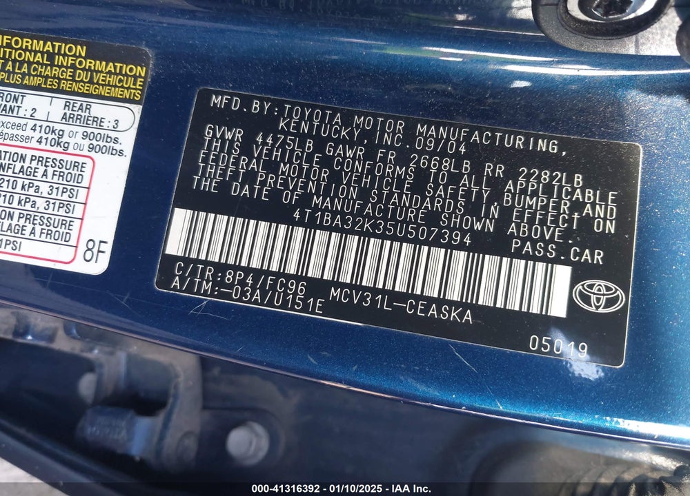 2005 TOYOTA CAMRY SE V6 VIN: 4T1BA32K35U507394