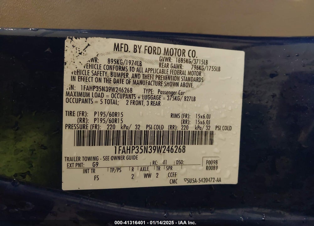 2009 FORD FOCUS VIN: 1FAHP35N39W246268