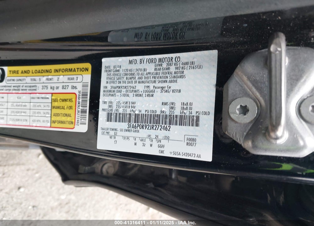 2018 FORD FUSION VIN: 3FA6P0K92JR272462
