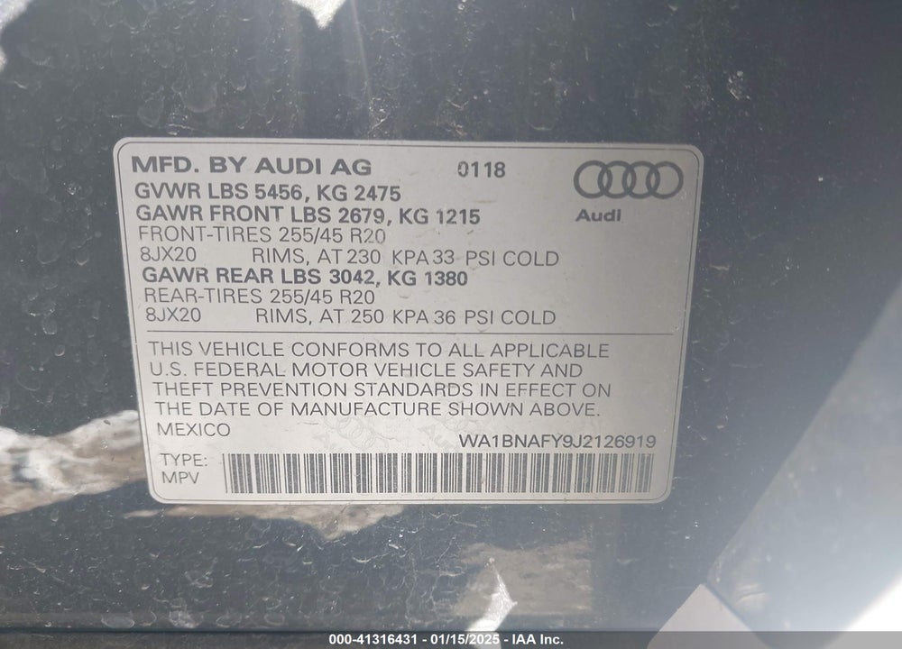 2018 AUDI Q5 2.0T PREMIUM/2.0T TECH PREMIUM VIN: WA1BNAFY9J2126919