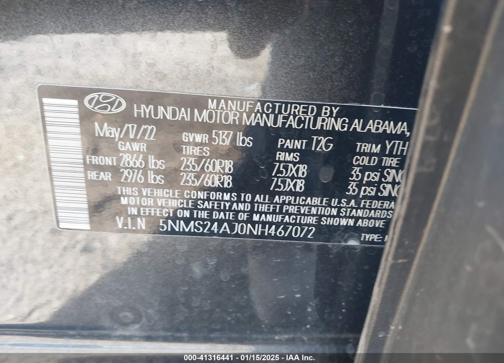 2022 HYUNDAI SANTA FE SEL VIN: 5NMS24AJ0NH467072