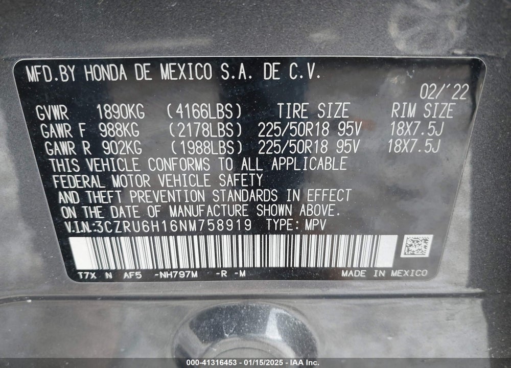 2022 HONDA HR-V AWD SPORT VIN: 3CZRU6H16NM758919