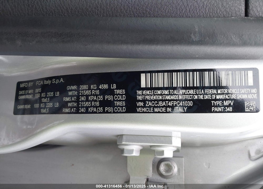 2015 JEEP RENEGADE SPORT VIN: ZACCJBAT4FPC41030