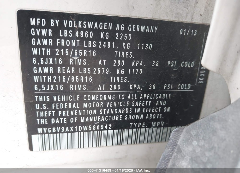 2013 VOLKSWAGEN TIGUAN S/SE/SEL VIN: WVGBV3AX1DW586942
