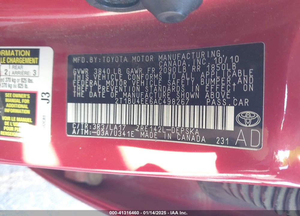 2010 TOYOTA COROLLA S VIN: 2T1BU4EE6AC498267