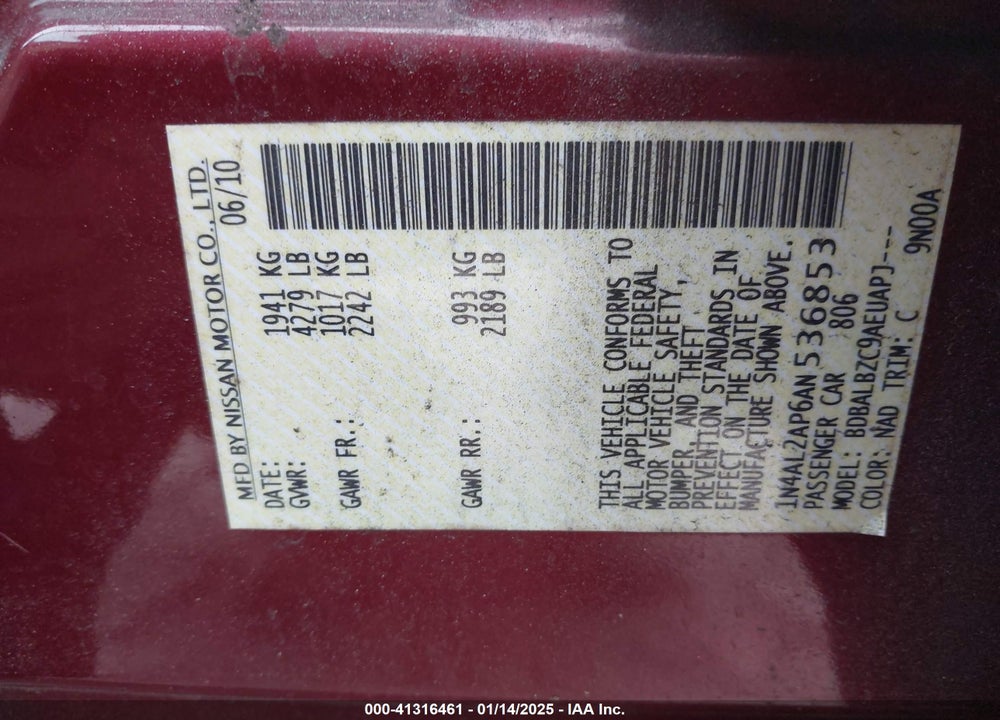 2010 NISSAN ALTIMA VIN: 1N4AL2AP6AN536853