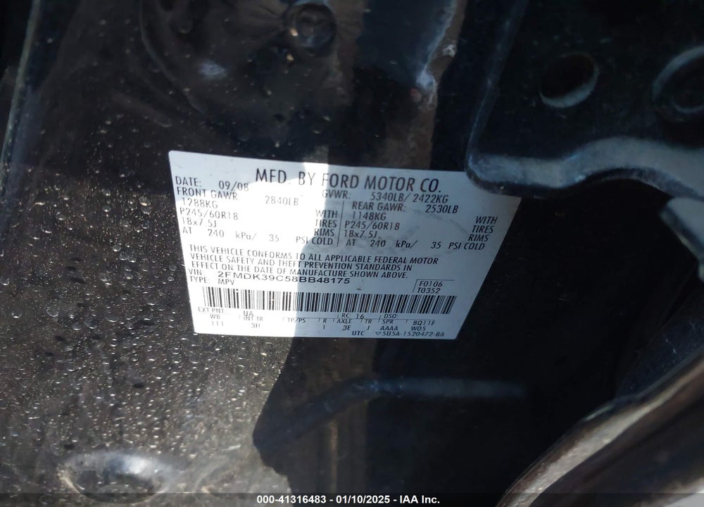 2008 FORD EDGE LIMITED VIN: 2FMDK39C58BB48175