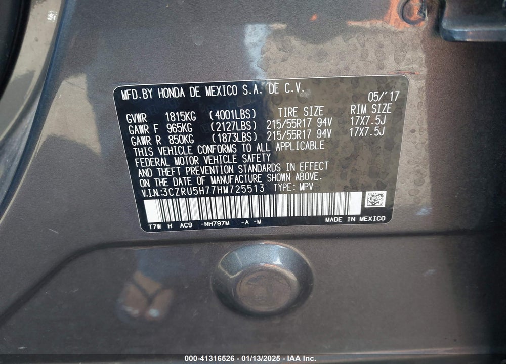 2017 HONDA HR-V EX-L VIN: 3CZRU5H77HM725513