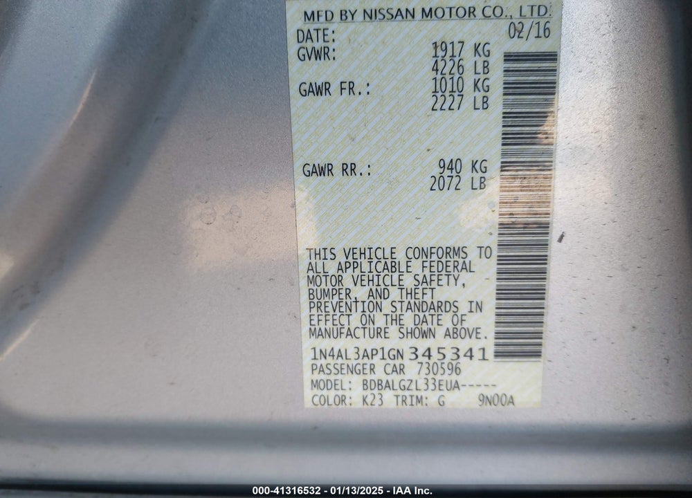 2016 NISSAN ALTIMA VIN: 1N4AL3AP1GN345341