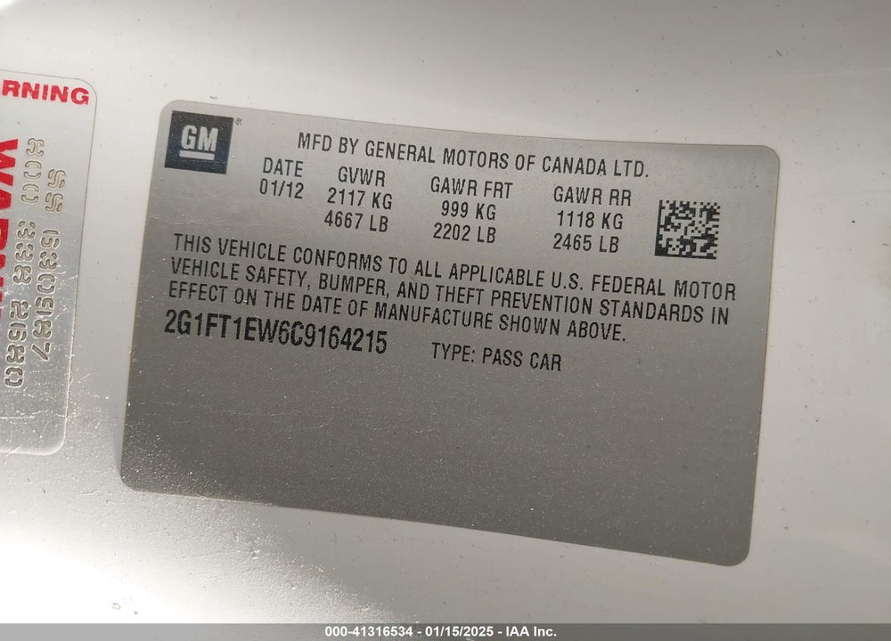 2012 CHEVROLET CAMARO VIN: 2G1FT1EW6C9164215