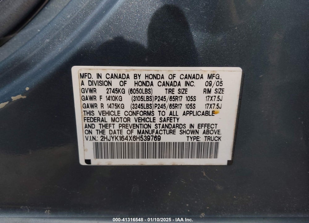 2006 HONDA RIDGELINE VIN: 2HJYK164X6H539769