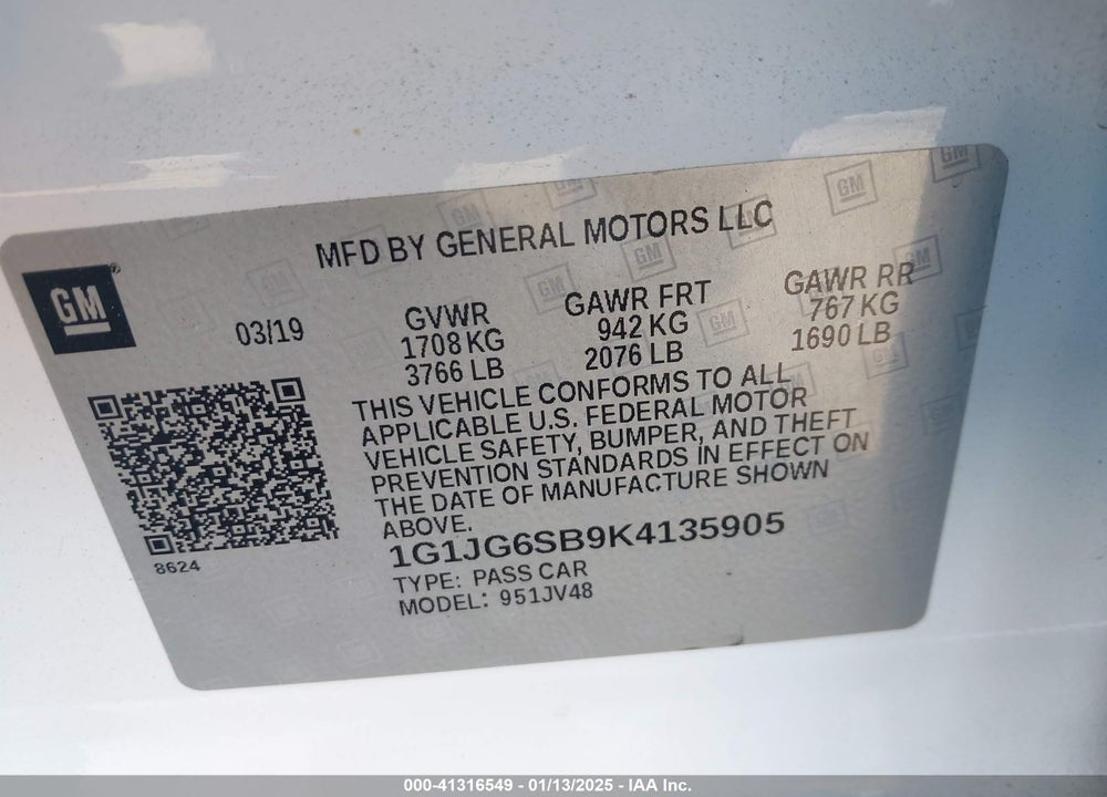 2019 CHEVROLET SONIC LT AUTO VIN: 1G1JG6SB9K4135905