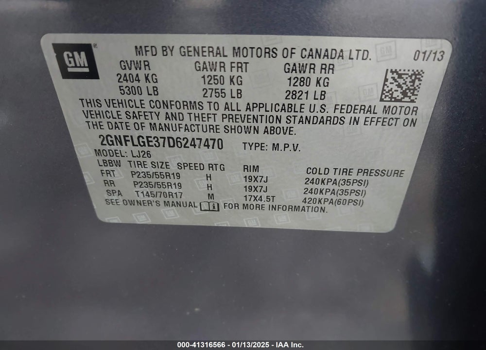 2013 CHEVROLET EQUINOX LTZ VIN: 2GNFLGE37D6247470