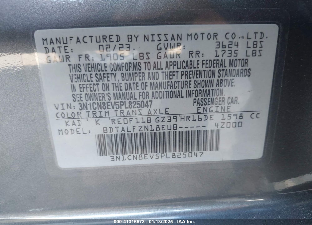 2023 NISSAN VERSA 1.6 SV XTRONIC CVT VIN: 3N1CN8EV5PL825047