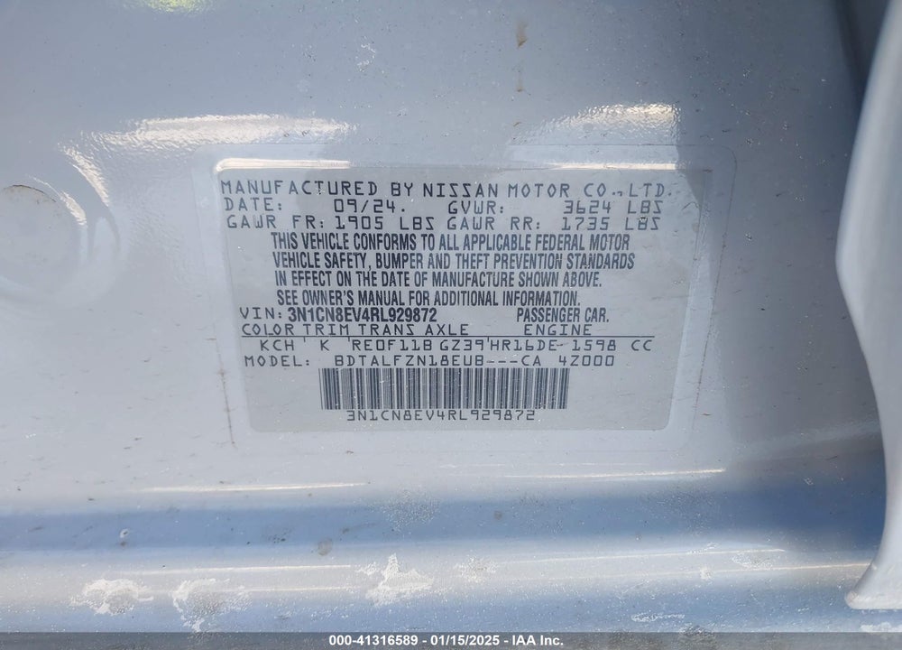 2024 NISSAN VERSA 1.6 SV VIN: 3N1CN8EV4RL929872