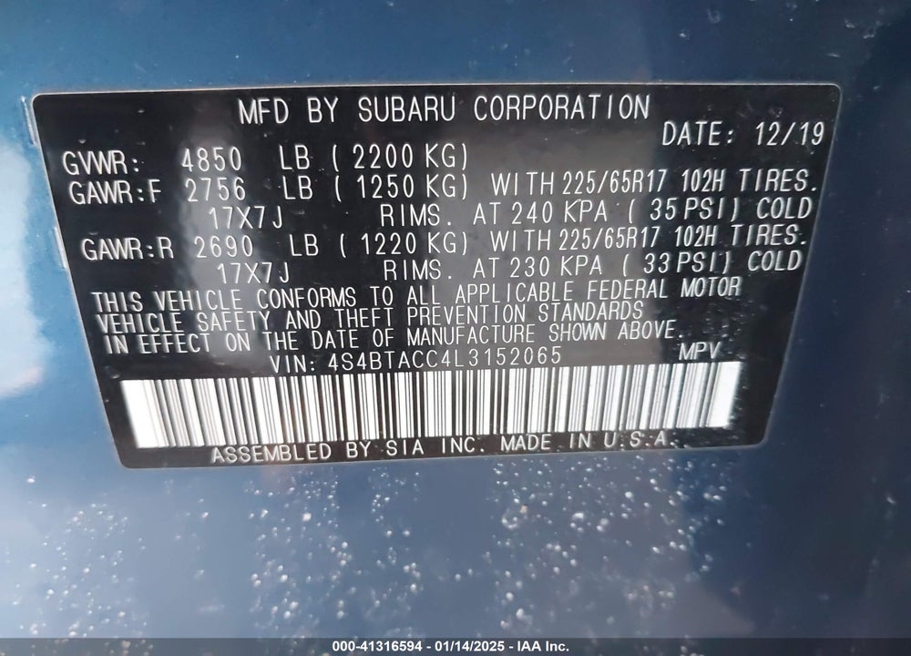 2020 SUBARU OUTBACK PREMIUM VIN: 4S4BTACC4L3152065