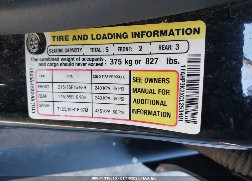 2012 FORD FOCUS VIN: 1FAHP3K2XCL253401