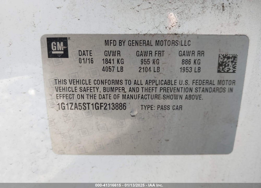 2016 CHEVROLET MALIBU VIN: 1G1ZA5ST1GF213886
