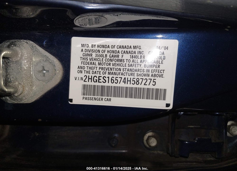 2004 HONDA CIVIC LX VIN: 2HGES16574H587275