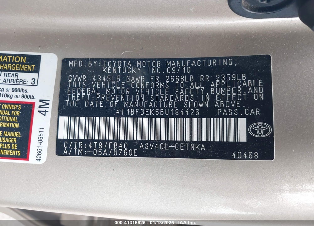 2011 TOYOTA CAMRY VIN: 4T1BF3EK5BU184426