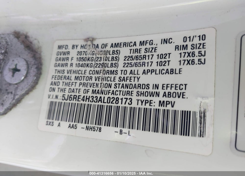 2010 HONDA CR-V LX VIN: 5J6RE4H33AL028173