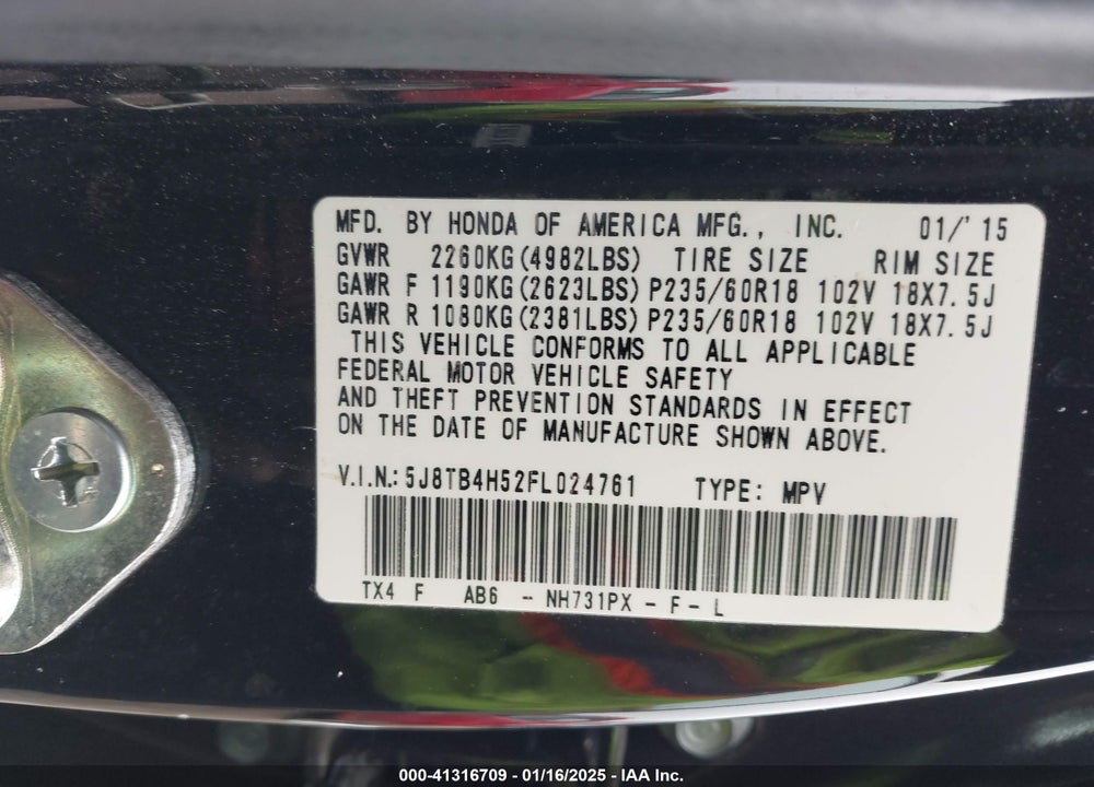 2015 ACURA RDX VIN: 5J8TB4H52FL024761