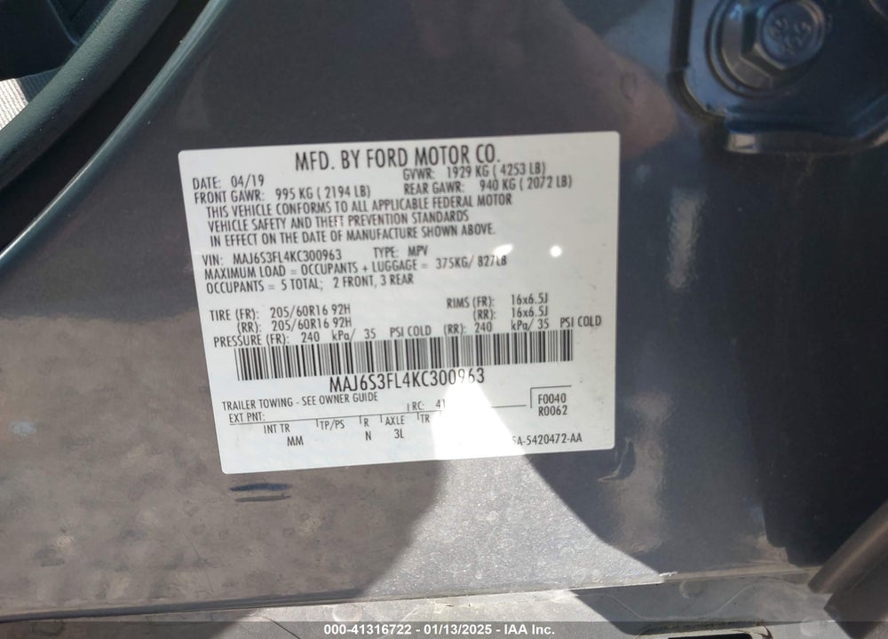 2019 FORD ECOSPORT S VIN: MAJ6S3FL4KC300963
