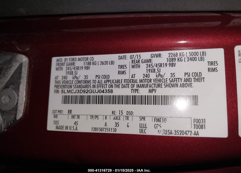 2016 LINCOLN MKC RESERVE VIN: 5LMCJ3D92GUJ04358