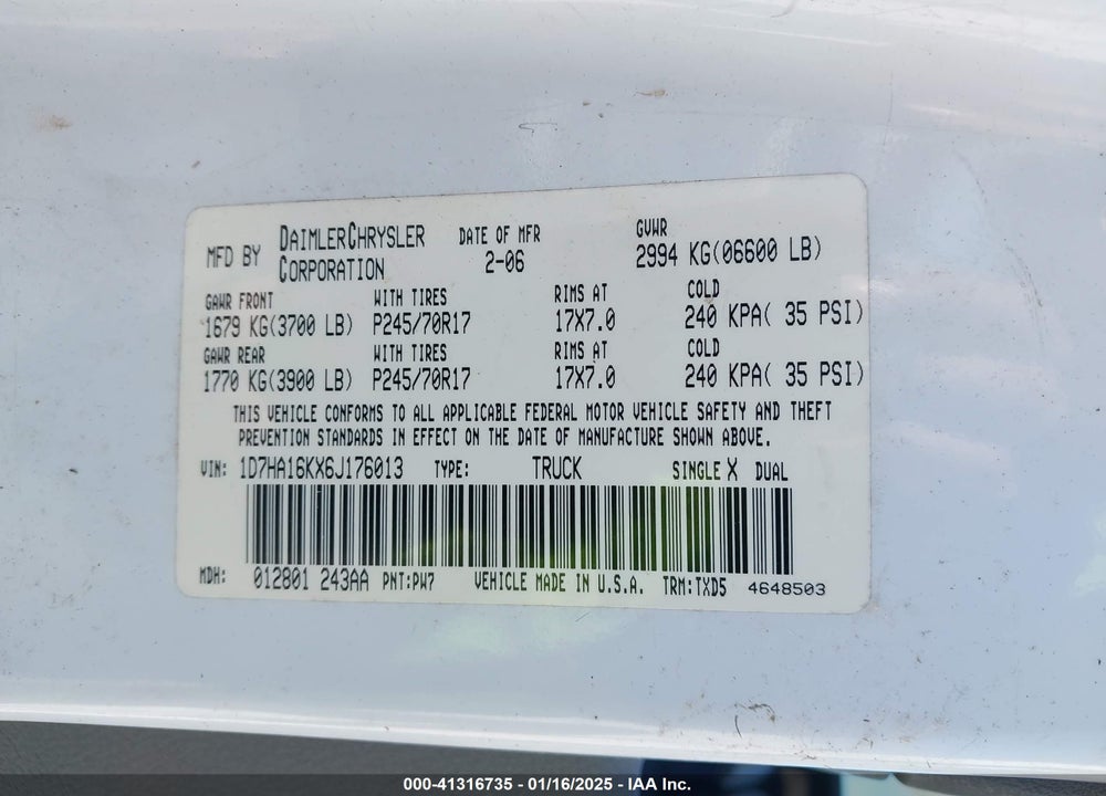 2006 DODGE RAM 1500 VIN: 1D7HA16KX6J176013