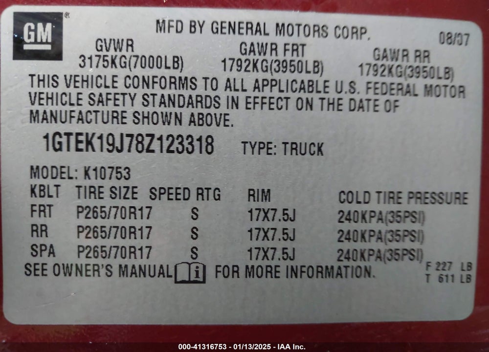 2008 GMC SIERRA 1500 SLE1 VIN: 1GTEK19J78Z123318