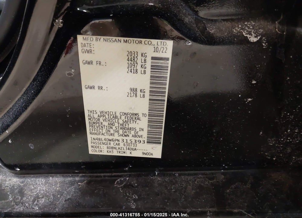 2023 NISSAN ALTIMA VIN: 1N4BL4DW6PN315393