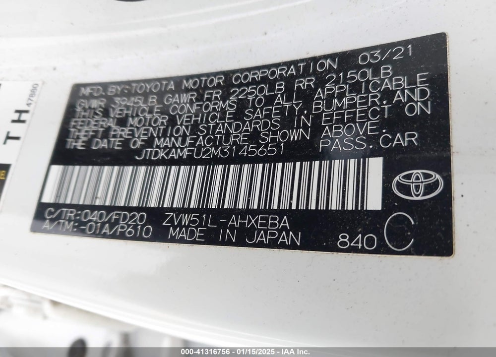 2021 TOYOTA PRIUS VIN: JTDKAMFU2M3145651