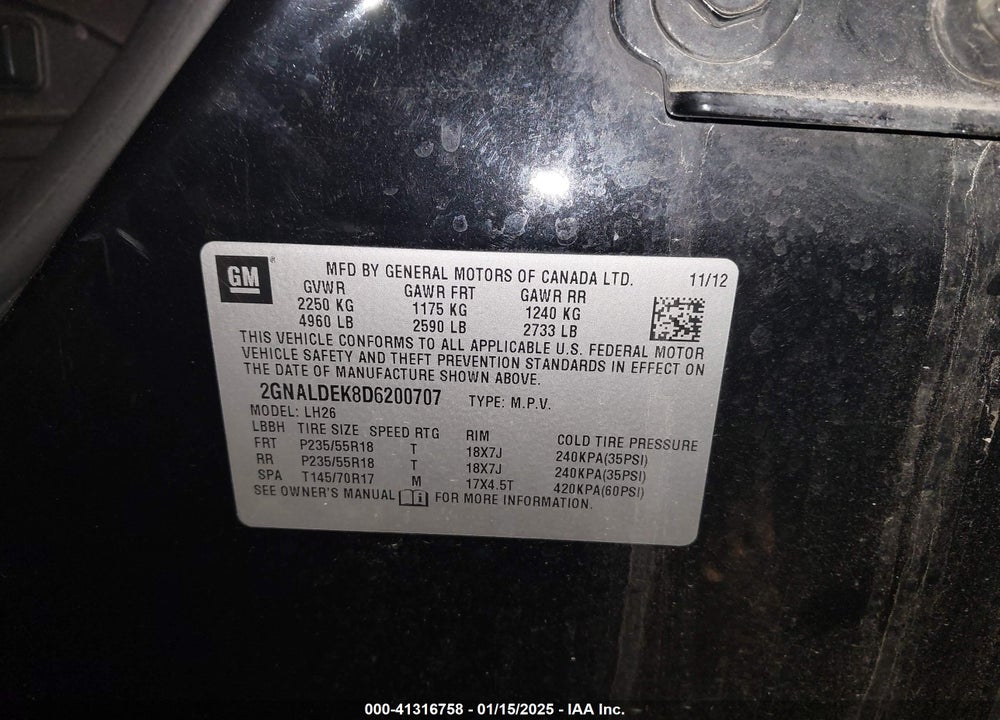 2013 CHEVROLET EQUINOX 1LT VIN: 2GNALDEK8D6200707