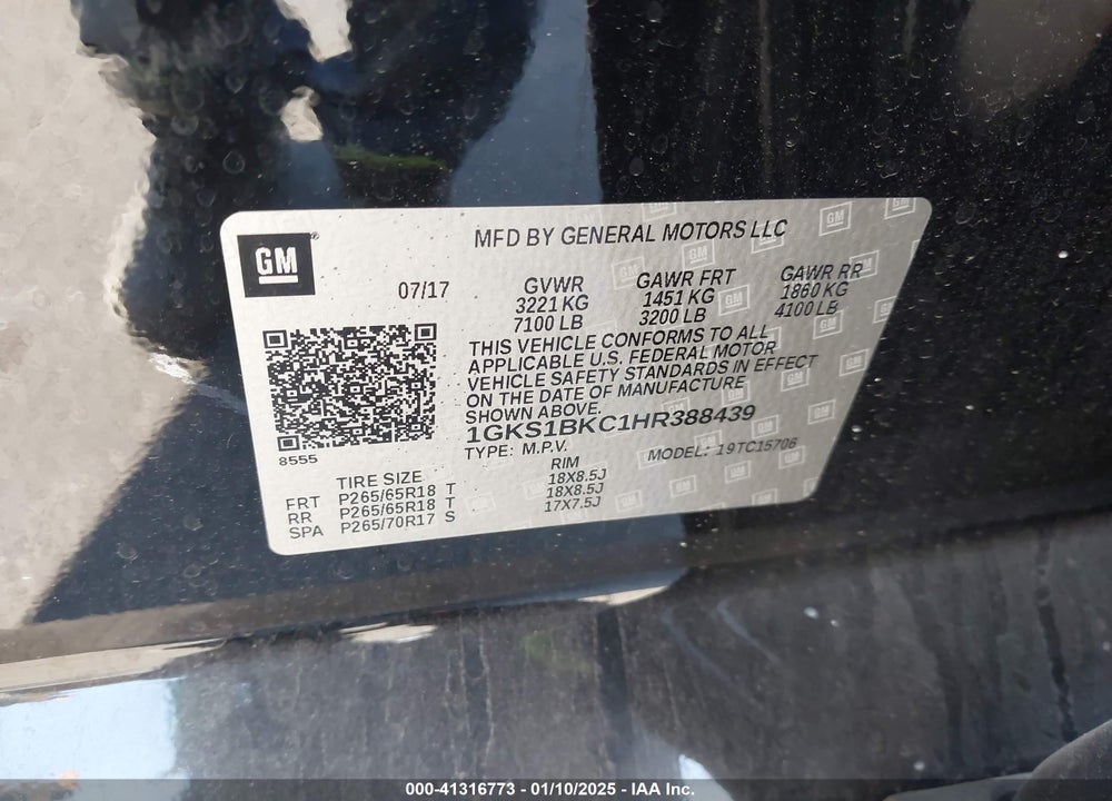 2017 GMC YUKON SLT VIN: 1GKS1BKC1HR388439