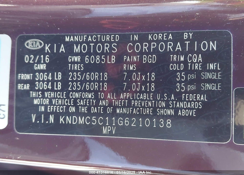 2016 KIA SEDONA EX VIN: KNDMC5C11G6210138