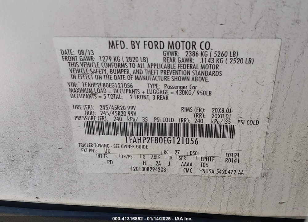 2014 FORD TAURUS LIMITED VIN: 1FAHP2F80EG121056