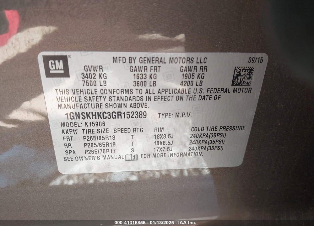 2016 CHEVROLET SUBURBAN LT VIN: 1GNSKHKC3GR152389