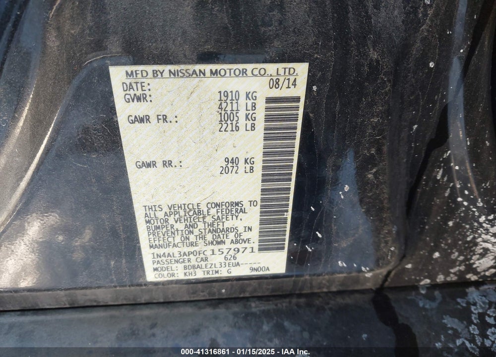 2015 NISSAN ALTIMA VIN: 1N4AL3AP0FC157971