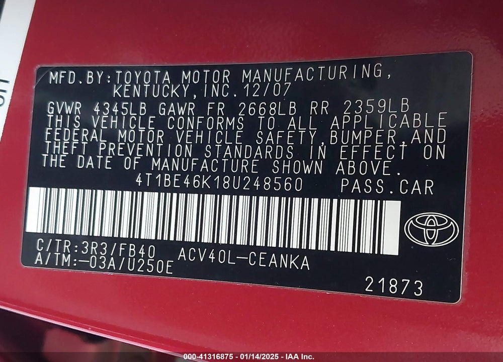 2008 TOYOTA CAMRY VIN: 4T1BE46K18U248560
