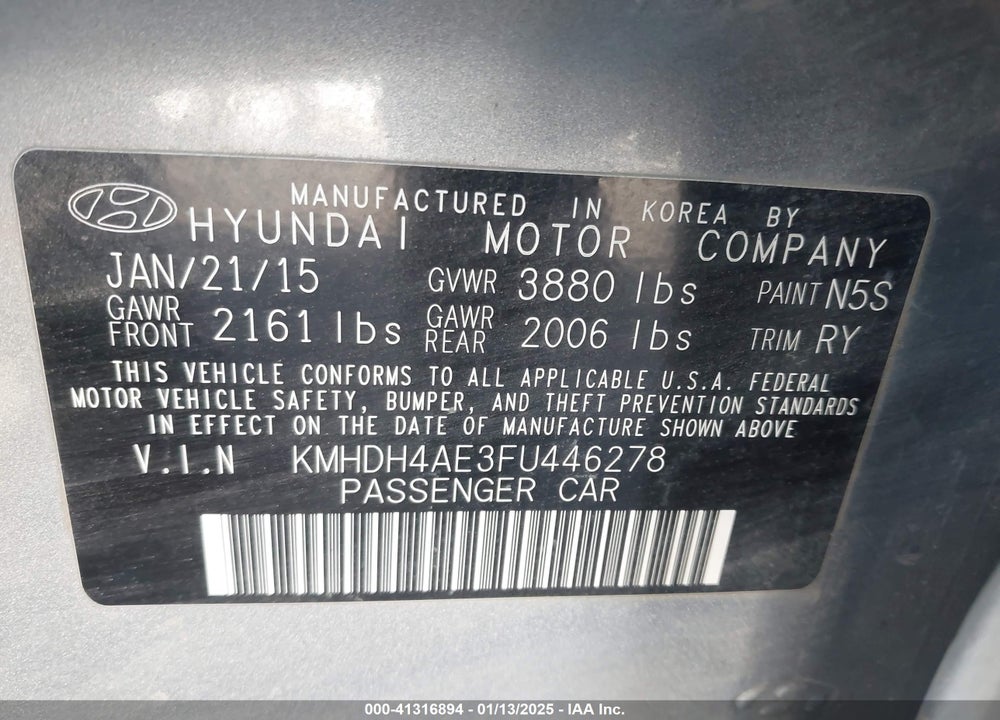 2015 HYUNDAI ELANTRA VIN: KMHDH4AE3FU446278