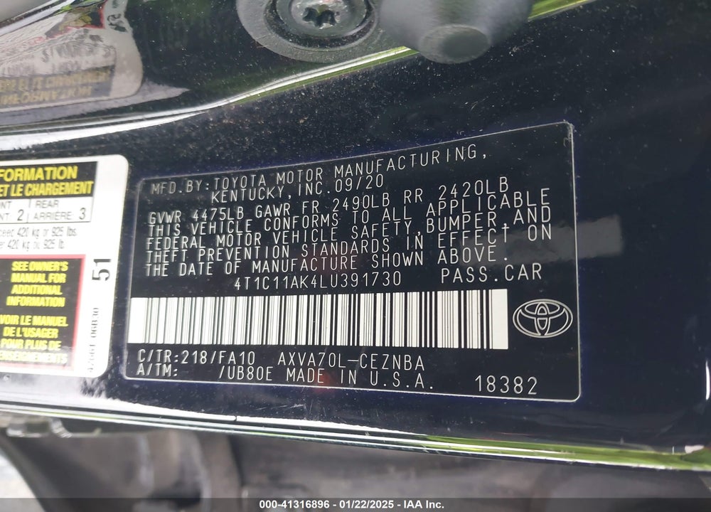 2020 TOYOTA CAMRY VIN: 4T1C11AK4LU391730