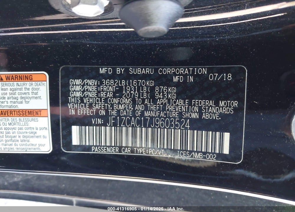 2018 SUBARU BRZ LIMITED VIN: JF1ZCAC17J9603524