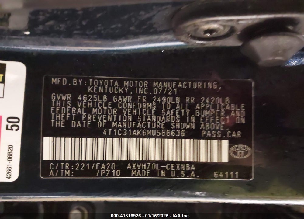 2021 TOYOTA CAMRY VIN: 4T1C31AK6MU566636