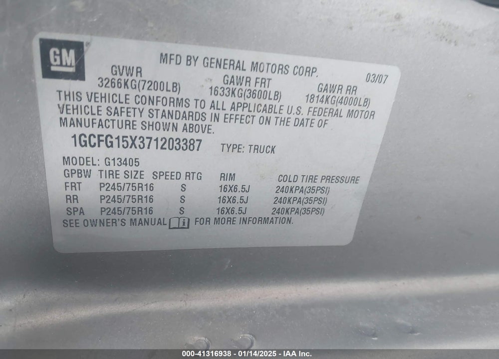 2007 CHEVROLET EXPRESS WORK VAN VIN: 1GCFG15X371203387
