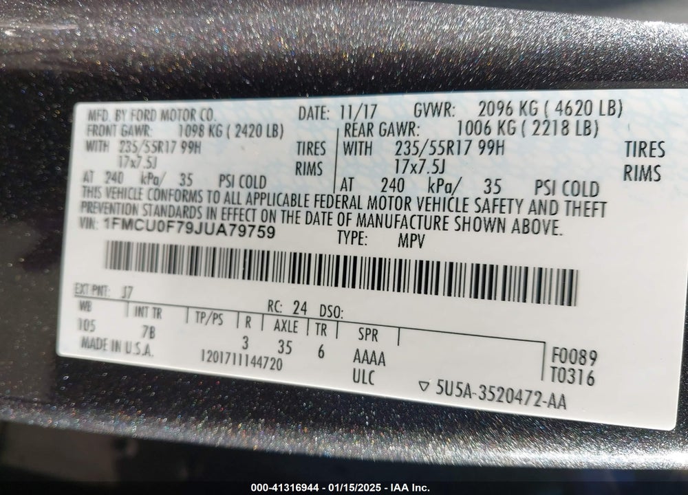 2018 FORD ESCAPE S VIN: 1FMCU0F79JUA79759