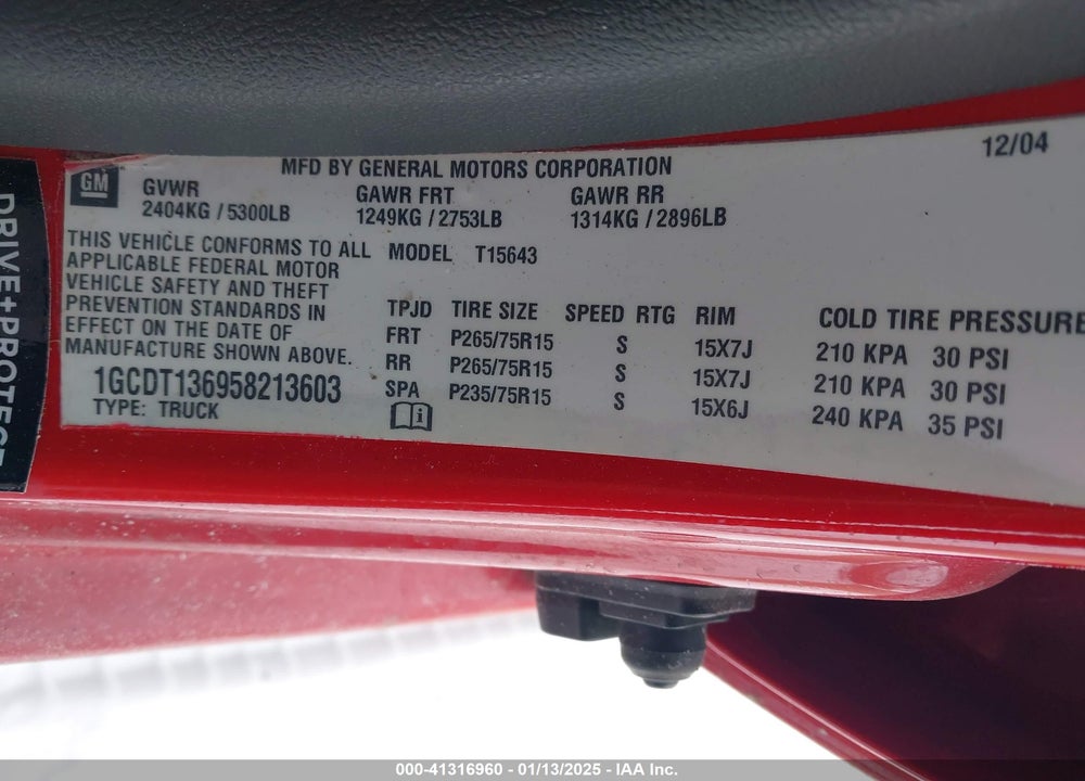 2005 CHEVROLET COLORADO LS VIN: 1GCDT136958213603